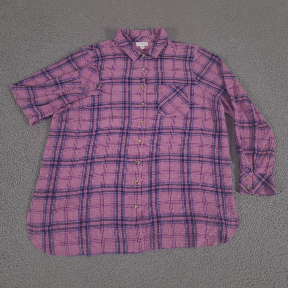 J.Jill Top Womens Large Pink Multi Plaid Soft Crinkled Tunic Button Down Shirt